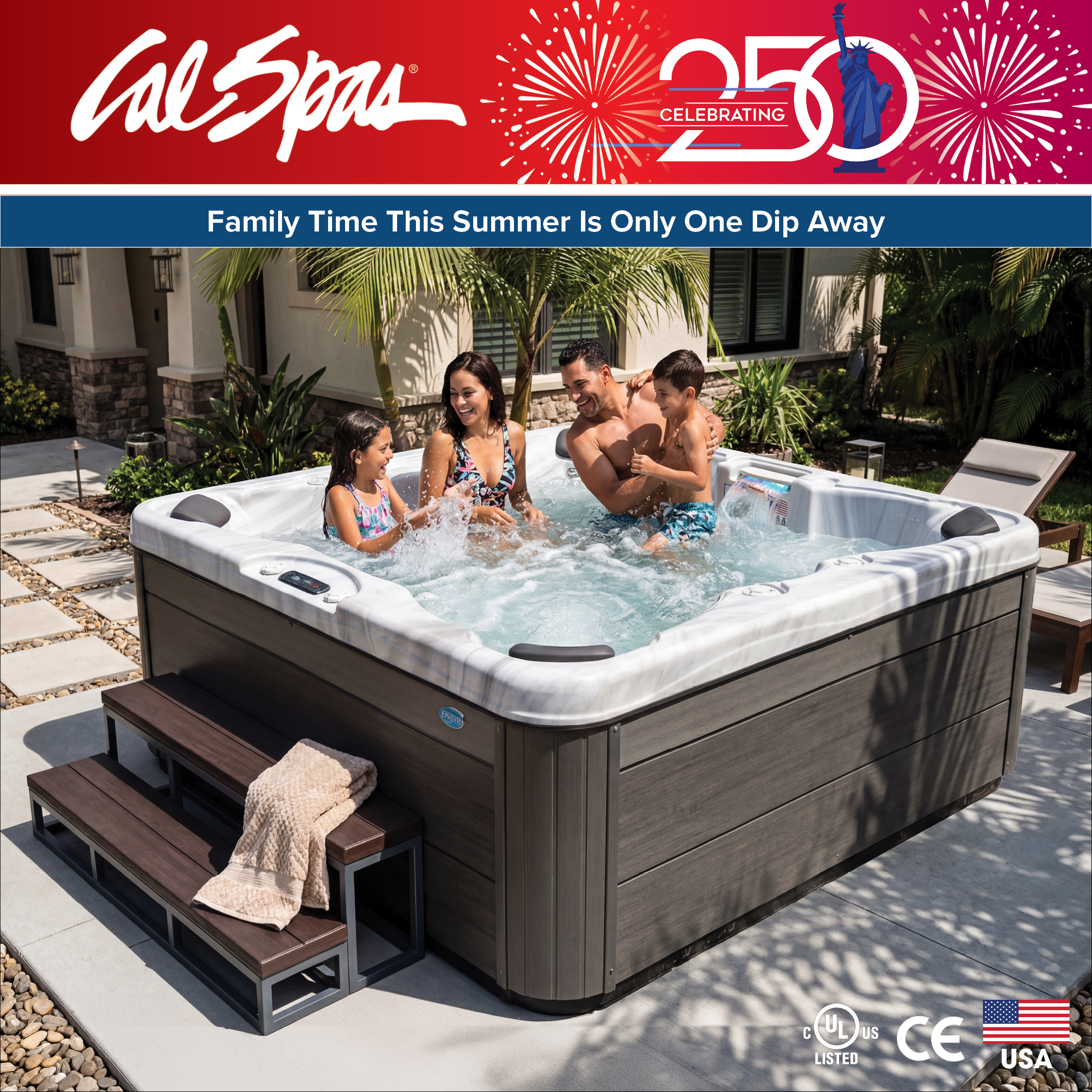 Calspas hot tub being used in a family setting - Mill Villen